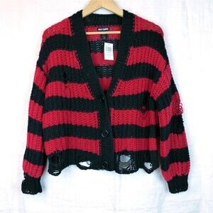 Hot Topic Cardigan Women XS Oversized Red Black Stripe Distressed Grunge Punk